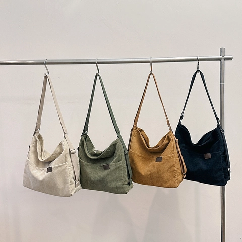 Damen Cord Einkaufstasche Große Kapazität Japanischer Minimalismus Einfarbig Umhängetasche Schule Student Handtasche