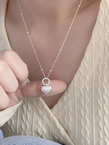Titanium Steel Heart Pendant Necklace Ribbed Texture Ball Chain Vintage Minimalist Jewelry For Women