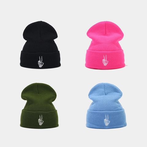 Knit Beanie Hat Acrylic Skeleton Finger Embroidery Cuff Winter Warm Hip Hop Unisex Fashion Slouchy