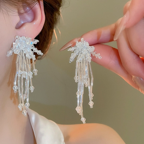 Elegant Floral Crystal Tassel Earrings With 925 Sterling Silver Earring Post Fashion Handmade Beaded Dangle Jewelry Women