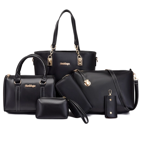 Solid Color PU Leather Women Handbags Tote Crossbody Bag Wallet Cosmetic Pouch Key Holder White Stitching Gold Hardware