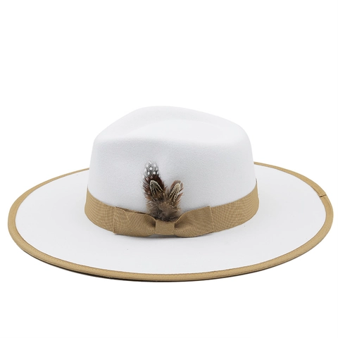 Fedora Hat Woolen Felt Wide Flat Brim With Feather Grosgrain Ribbon Band Elegant Jazz Cap For Men Women