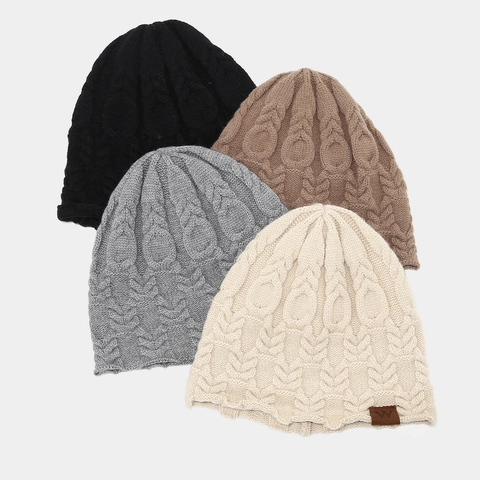 Beanie Mütze Strick Acryl Warm Winter Vintage Zopfmuster Slouchy Strickmütze Mit Lederetikett Für Unisex