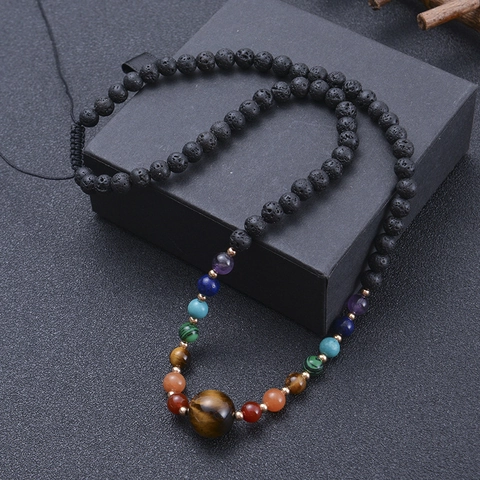 Seven Chakra Natural Stone Beaded Necklace Lava Rock Essential Oil Diffuser Tiger Eye Healing Yoga Jewelry Adjustable