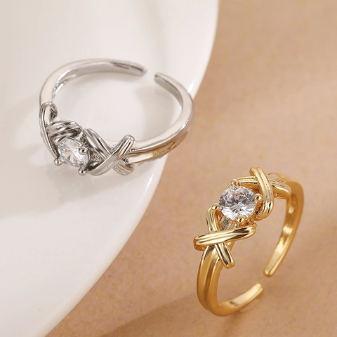 Niche Design Copper Real Gold Plated Zirconia Geometric Open Ring For Women Minimalist Adjustable Cross Knot Fashion Finger Ring Jewelry