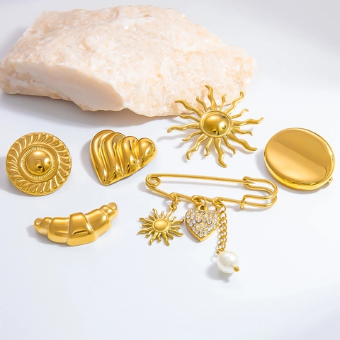 Sunburst Heart Croissant Brooch Pin 18K Gold Plated Stainless Steel Artificial Pearl Rhinestone Vintage Fashion Jewelry For Suit