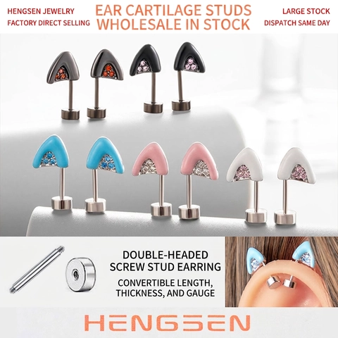Cat Ear Cartilage Stud Earring Zircon Inlaid Titanium Steel Piercing Jewelry Screw Back Triangle Fashion Body Ornament