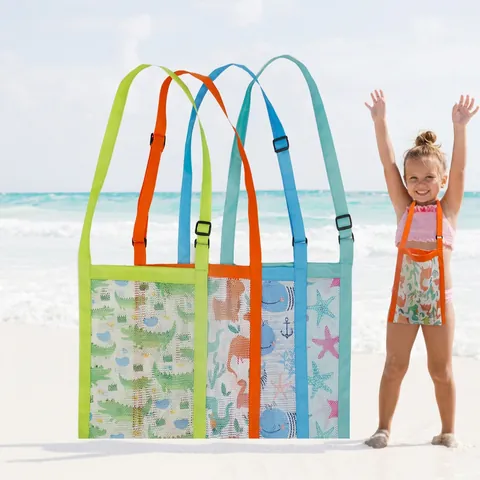 Kids Beach Mesh Bag Shell Collector Crossbody Handbag With Adjustable Strap Cartoon Animal Print For Boys Girls Outdoor