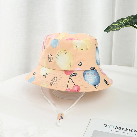 Kids Cartoon Printed Cotton Bucket Hat With Adjustable Chin Strap Summer Outdoor Sun Protection Breathable For Boys Girls