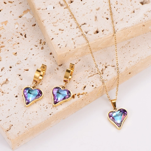 Stainless Steel Heart Gradient Purple Blue Crystal Necklace And Earrings Gold Fashion Elegant Commuter Jewelry Gift For Women