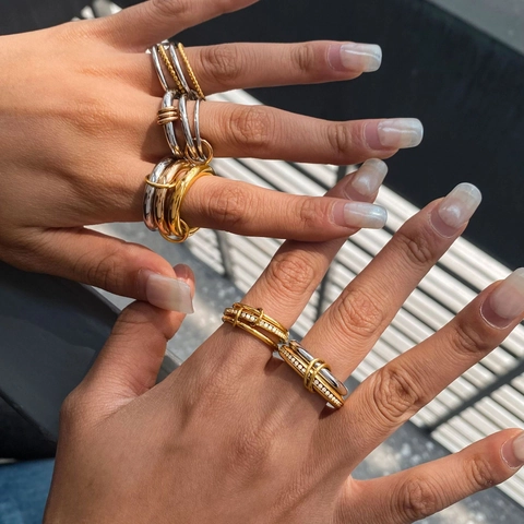 Anillos Apilables De Acero Inoxidable Para Mujer Micro Pavé Circonita Diseño Interconectado Resistente Al Agua