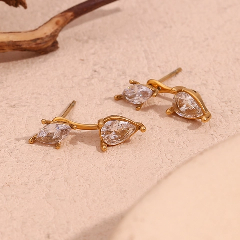 Orecchini a Bottone Fronte Retro in Acciaio Inossidabile Placcato Oro 18K con Strass a Goccia e Marquise per Donna
