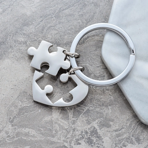 Heart And Jigsaw Keychain Stainless Steel Polished Pendant Anniversary Valentine Day Gift For Couples Lovers Friends