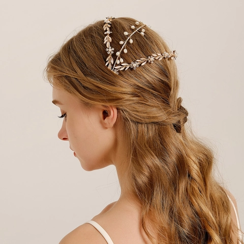 Fascia Sposa Oro Vintage Fatta a Mano con Künstliche Perle Strass Foglie Fiori Vite per Capelli Accessori Matrimonio Festa Donna