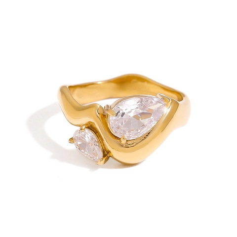 Water Drop Zircon Wave Ring 18K Gold Plated Stainless Steel Tarnish Free Waterproof Retro Vintage Jewelry For Women