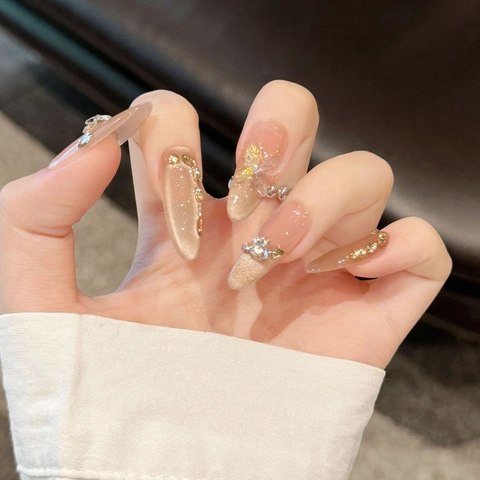 Handgemaakte Champagne Kattenoog Druk Op Nagels Met 3D Vlinder Strass Jelly Lijm Vijl Pad Doodskist Ovaal Kunstnagels