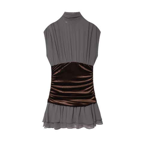 Ärmelloses Midi Kleid Mit Hohem Kragen Farblock Raffung Samt Patchwork Lagenlook Rüschensaum Elegant Schlank Für Damen