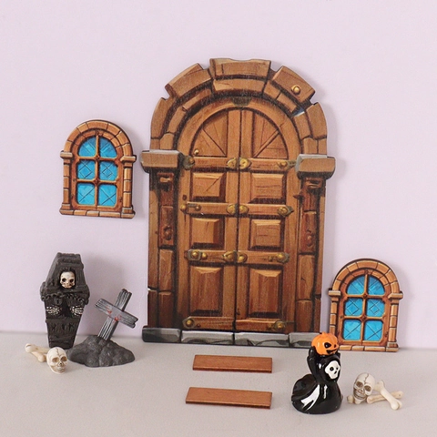 Miniatur Halloween Szenenzubehör Harz Holz Tür Fenster Sarg Skelett Grabstein DIY Feengarten Gotik Retro