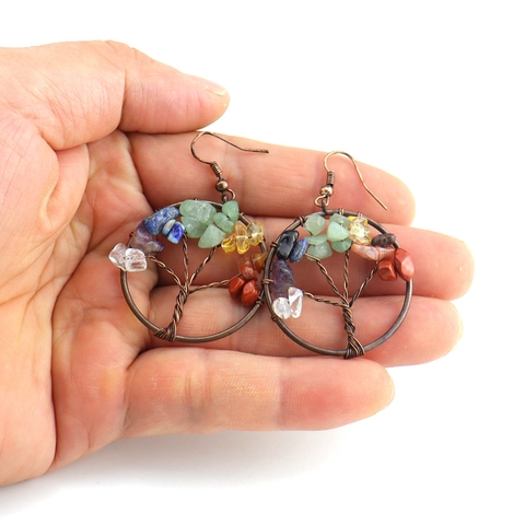 Levensboom Druppel Oorbellen Handgemaakt Draad Omwikkeld Legering Natuursteen Chips Vintage Bohemien Sieraden Voor Vrouwen