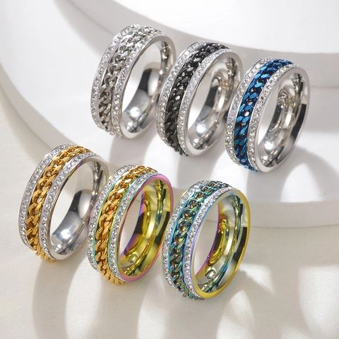 Rotatable Cuban Chain Ring 304 Stainless Steel Double Row Rhinestone Fidget Spinner Band For Men Women Fashion Hip Hop