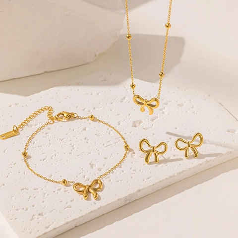 Bowknot Necklace Bracelet And Earrings Stainless Steel 18K Gold Plated Elegant Versatile Jewelry For Women