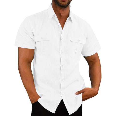 Men Short Sleeve Linen Shirt Casual Loose Lapel Button Down Breathable Urban Solid Color Chest Pockets Summer Top