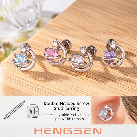 Croissant De Lune Cœur Étoile Planète Boucle D'oreille Cartilage Acier Titane Zircone Bouchon À Vis Double Face Bijoux