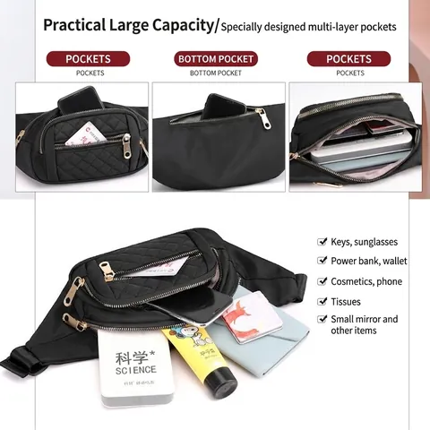 Men Waist Bag Nylon Waterproof Multi Pocket Sports Outdoor Travel Chest Crossbody Pack Adjustable Strap