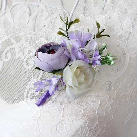 Lila Weiß Satinnrose Künstliche Blume Hochzeit Boutonniere Und Handgelenkkorsage Für Bräutigam Braut Brautjungfer Party