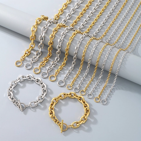 Conjunto De Collar Y Pulsera De Acero Inoxidable Con Cierre De Palanca Cadena O Joyería Minimalista Hip Hop