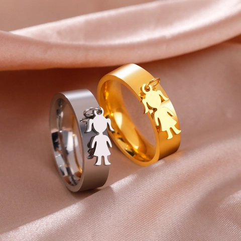 Stainless Steel Ring For Women Little Girl Silhouette Pendant Mirror Polished Band Ring Minimalist Fashion Jewelry Dainty Gift