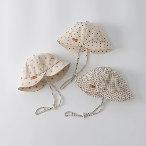Cappello Da Pescatore Neonato Cotone Lino Tesa Larga Protezione Solare Sottogola Regolabile Stampa Geometrica