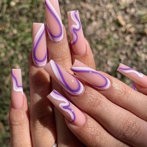 Press On Nails Long Coffin ABS Artificial False Nail Tips Purple And White Wave Swirl Patterns Nude Pink Base Glossy Chic
