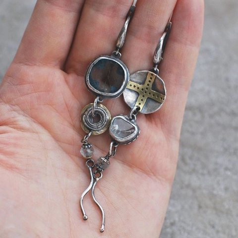 Asymmetric Long Dangle Earrings Vintage Bohemian Sky Blue Stone Cross Round Silver Tone Metal Jewelry For Women Tribal Style