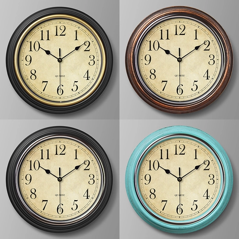 Retro Ronde Wandklok Stil Quartz Uurwerk Kunststof Frame Glazen Spiegel Europese Vintage Stijl Woonkamer Decoratie