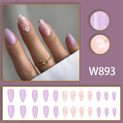 Press On Nägel Lang Mandel Stiletto Lavendel Lila Blumen Design Elegant Frisch Glänzend Künstliche Nägel