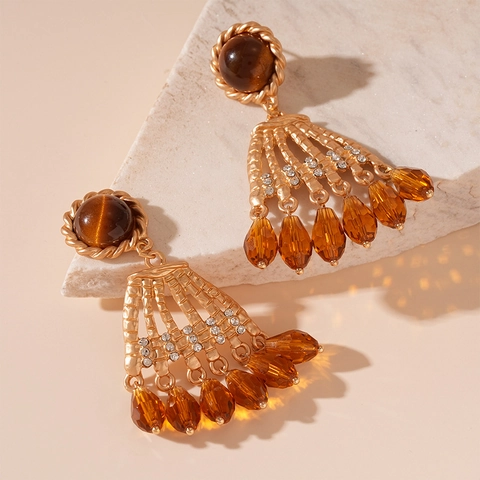 Vintage Fan Shaped Tassel Dangle Earrings Alloy Rhinestone Imitation Tiger Eye Crystal With 925 Sterling Silver Earring Post