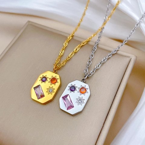 Geometrische Achthoekige Hanger Ketting Titanium Staal Kleurrijke Edelstenen Ster Zon Reliëf Sleutelbeen Ketting