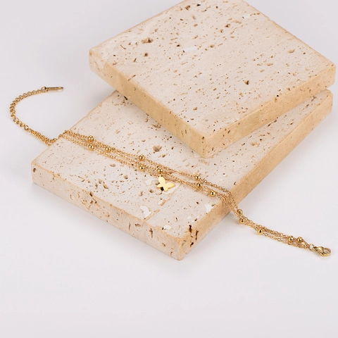 Butterfly Pendant Multi Layer Bracelet 304 Stainless Steel Gold Plated Bead Chain Layered Minimalist Jewelry For Women