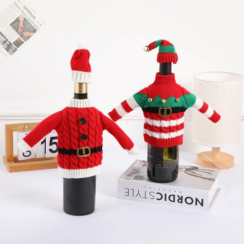 Christmas Wine Bottle Covers Knitted Sweater Hat For Holiday Table Decoration Santa Elf Theme Cartoon Striped Ornaments