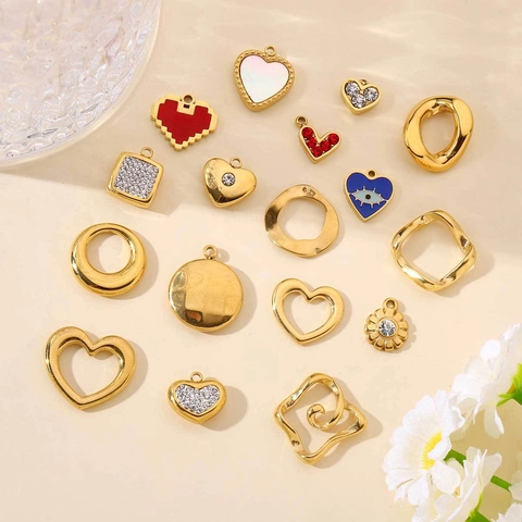Pendenti In Acciaio Inossidabile Placcato Oro Cuore Fiore Geometrico Strass Smalto DIY Gioielli Charms Stile Vintage