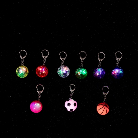 LED Glowing Keychain Disco Ball Football Basketball Star Design Plastic Metal Light Up Backpack Charm Accessory