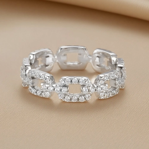 925 Sterling Silver Pave Moissanite Interlocking Chain Ring Fashion Minimalist Geometric Finger Ring For Women Men Jewelry