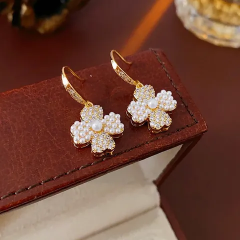 Clover Drop Earrings Gold Plated Copper Zircon Artificial Pearl Floral Chic For Women With Silver Earring Post