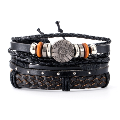 Mehrlagiges Lederarmband Für Herren Vintage Geflochtenes Rindsleder Legierung Holzperlen Verstellbarer Punk Gothic Schmuck
