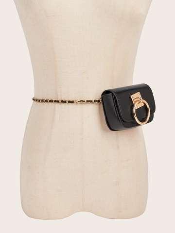 Cintura da Donna in Pelle Sintetica alla Moda Con Mini Pochette Rimovibile Anello in Metallo Oro Cintura a Catena