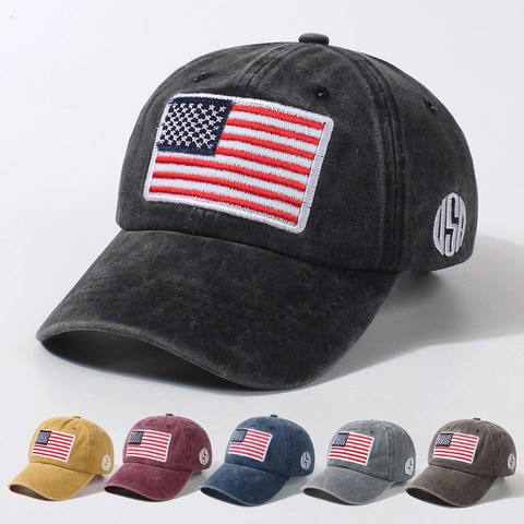 Vintage Washed Cotton Baseball Cap American Flag USA Embroidery Distressed Adjustable Sun Hat For Men Women