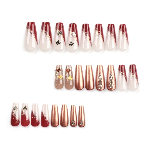 Press On Nails Coffin Shape Autumn Maple Leaf Rhinestone Glitter Bronze Metal Amber Orange Luxury Artificial Nails For Women