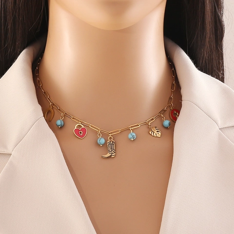 Collana Multi Ciondoli Dopamine Acciaio Inossidabile Smalto Fiocco Stivali Cuore Colorato Gioielli Moda Per Donne