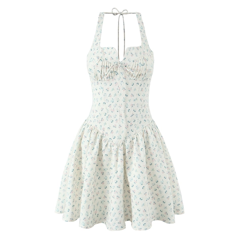 Französisches Blumenmuster Mini Kleid Neckholder Herz Ausschnitt Gerafft Kordelzug Hohe Taille A-Linie Spitze Damen